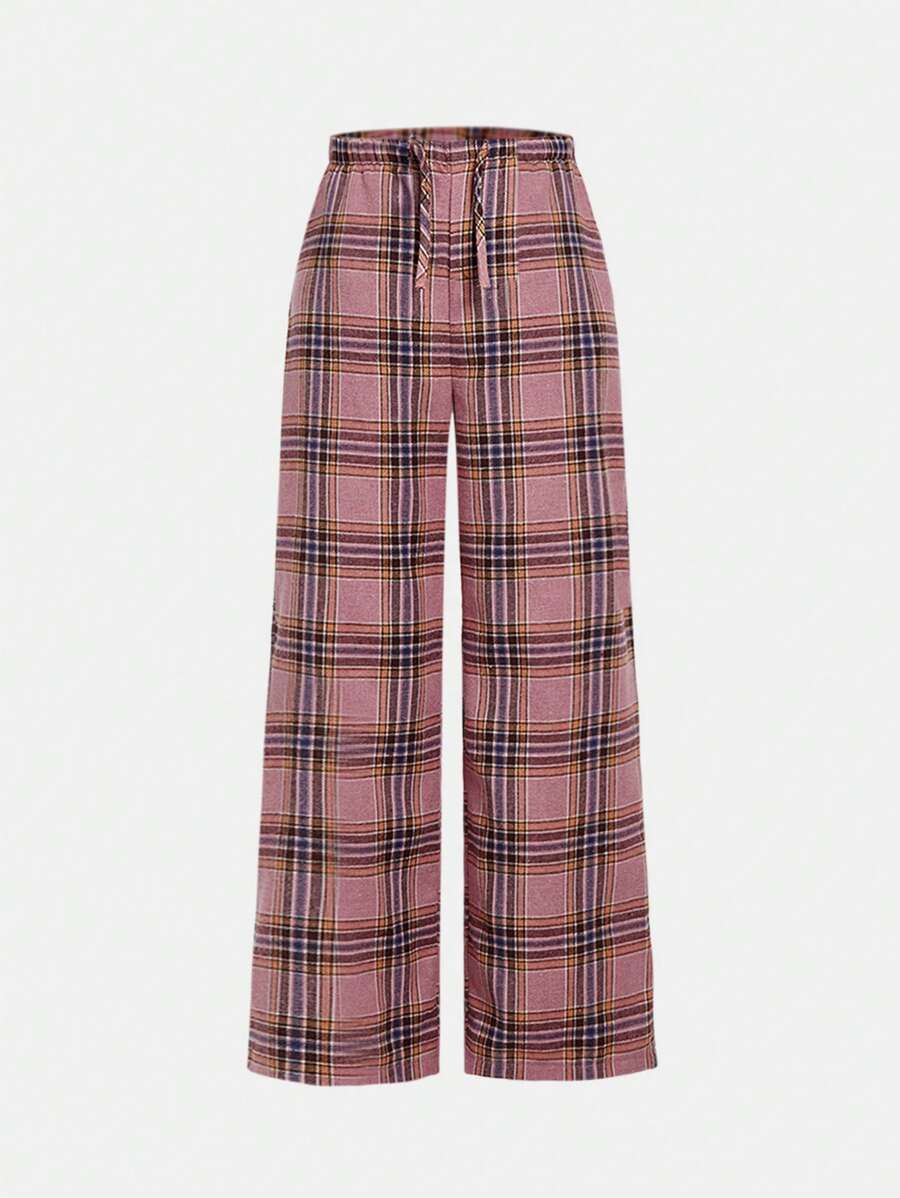 SHEIN Leap Crew Tween Girl Loose Casual Minimalist Comfortable Mid-Rise Plaid Leg Pants, Versatile - Pink - View 1