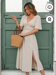 SHEIN Clasi 女士优雅褶皱收腰喇叭下摆开衩舒适亚麻中长连衣裙，度假连衣裙