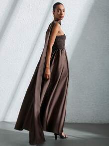 Aveloria Modichic Elegant Minimalist Vintage Money Inspired Design High-End Luxurious 2025 Brown Satin Fabric Pull-On Strapless A-Line Maxi Shirred Dress, Multiple Wearing Ways For Women