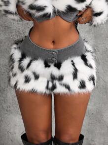 Jeanoix 女士时尚豹纹拼布人造毛皮低腰牛仔迷你裙 - 灰色 - 查看 5