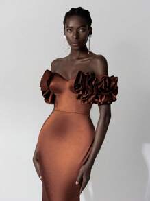 Elitara Elegant And Luxurious Off Shoulder 3D Floral Ruffles Mermaid Fitted Dress With Train, Wedding Guest Dress, Suitable For Wedding, Party, Vacation, Prom, Formal Occasion, Evening Dress,Gown