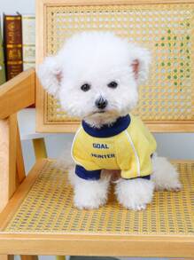 PETSIN 1 chiếc áo thun cổ tròn dệt kim đa năng cho chó/mèo màu vàng có in chữ và số, phong cách thường ngày/thể thao - Màu vàng - Xem 1