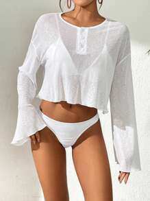 SHEIN Swim 女士白色圆领休闲长袖罩衫 T 恤，春夏海滩度假 - 白色 - 查看 6