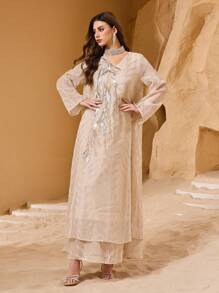 Al Najma Custom Made Premium Embroidered Fabric And Sequin Embroidery Elegant Luxury Women Dress, Kaftan & Jalabiya, Luxury Evening Dresses For Women - Apricot - View 4