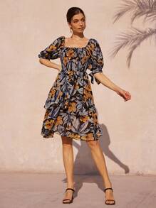 Aveloria Rosie Vestido corto casual de gasa negro y gris con estampado floral amarillo, volantes en capas, mangas cortas con puño de lazo, escote en U, estilo bohemio de vacaciones con estampado todo sobre para mujer, de moda para el verano - Multicolor - Ver 4