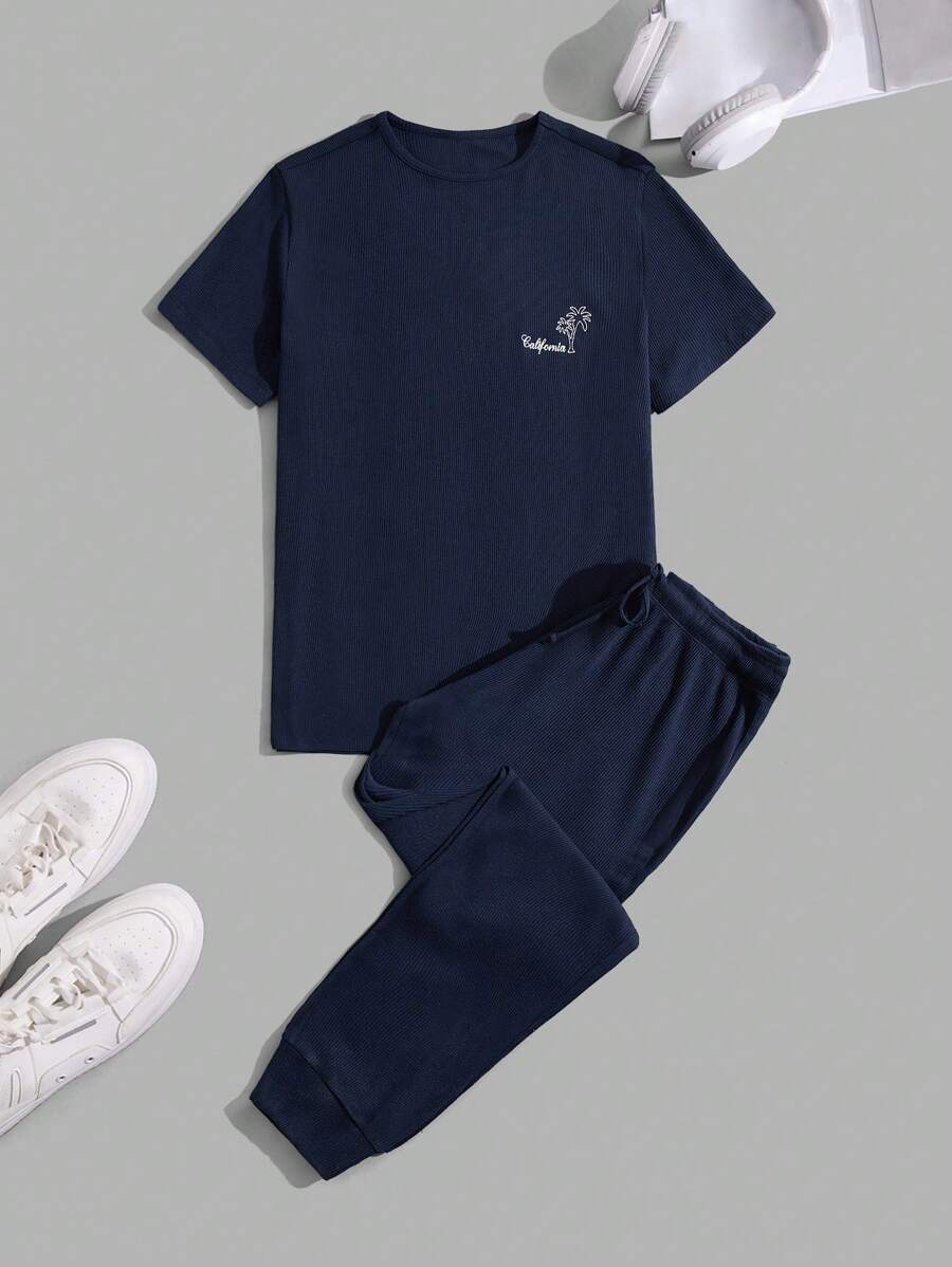 RueChic Men Soft Fabric Palm Tree Embriodery Regular T-Shirt Set - Navy Blue - View 1