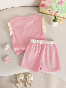 Genkimix Kids 两件套女童夏季休闲华夫格针织荷叶边袖上衣和短裤套装，可爱百搭 - 粉色 - 查看 2