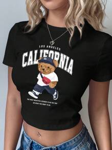 SHEIN EZwear 休闲简约加州学院风熊图案圆领短袖短款紧身女式 T 恤