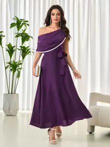 Modelyn Women's Long Asymmetrical Neckline Pearl Ribbon Elegant & Luxurious Banquet A-Line Dress - Red Violet - View 4