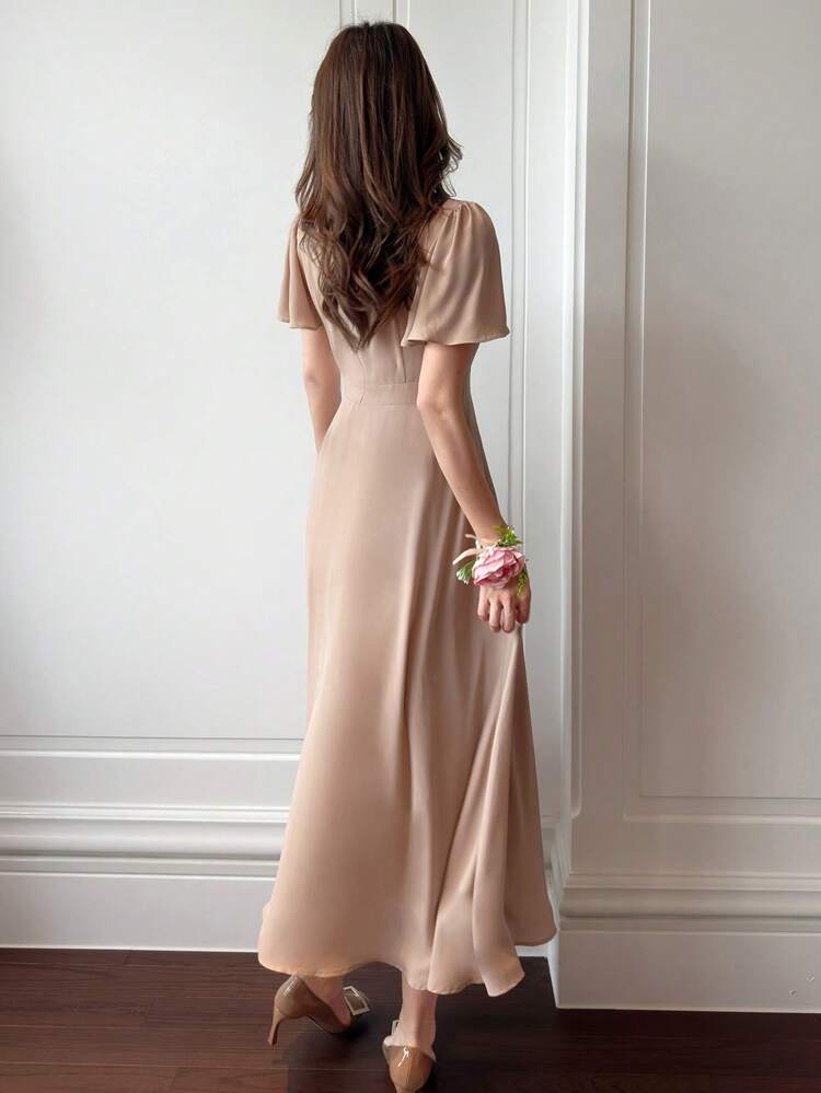 Women's Solid Color V-Neck Short Puff Sleeve Elegant Mid-Calf Dress Summer Elegant Sundress Maxi Dress