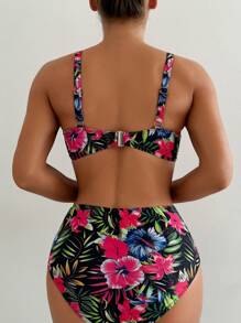Swim Lushoire Popular Tropical Floral Print Criss-Cross Front Wrinkled Enhancing Bust Tankini Set With Drawstring Waist, Slimming Mature Tropical Beach Summer Vacation Style For Women - Multicolor - View 2