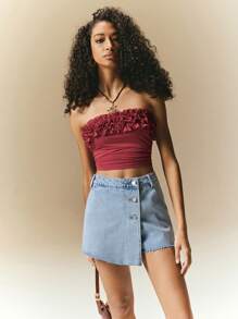 Poéselle Women's Casual Asymmetric Hem Wrap-Style Pre-Washed Front Button Denim Shorts