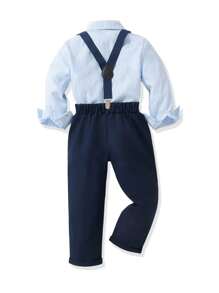 SHEIN 2pcs Young Boy Striped Long Sleeve Shirt With Suspender Pants Gentleman Outfit Set Chic Outfits For Autumn/Winter - Baby Blue - View 2