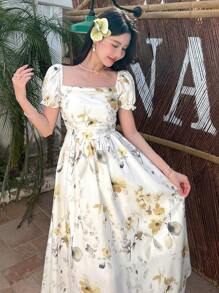 DAZY Đầm dài tay ngắn cổ vuông họa tiết hoa dành cho nữ, thích hợp cho kỳ nghỉ. - Màu vàng - Xem 2