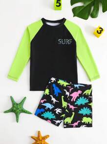 男童长袖泳衣套装，运动系列酷炫恐龙和字母印花 - 彩色 - 查看 2