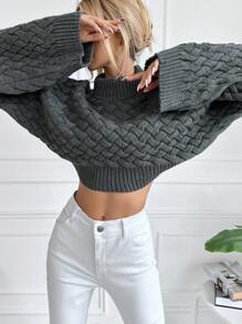 EURMUSE Turtleneck Batwing Sleeve Crop Jumper - Dark Grey - View 5