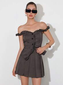 Aveloria GENKIRA 2pcs Set Women Romantic Ruffled Off Shoulder Blouse & Pleated A-Line Skirt, Elegant Academic Style - Grey - View 5