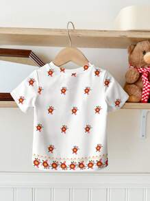 SHEIN Babymeisjes zoete strik en ditsy bloemen casual minimalistische korte mouw ronde hals blouse, veelzijdig voor de zomer, vakantie bijeenkomsten