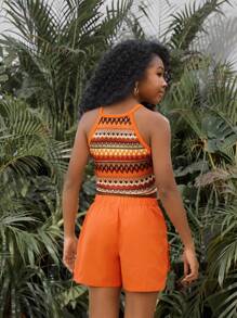 Sparklyn Tween 女童度假海滩热带休闲针织挂脖不对称下摆背心 + 编织工装短裤 2 件套，适合兄弟姐妹穿的服装 - 橘色 - 查看 2
