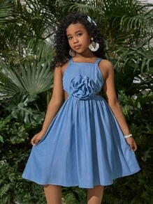 SHEIN Váy không tay dệt trơn màu cho bé gái tuổi mới lớn, trang phục lễ Phục sinh - Màu xanh lam - Xem 4