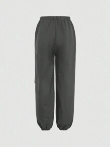 SHEIN Girlism 2 件套青少年女孩针织拼色字母印花 T 恤和纯色弹性袖口裤子，休闲装