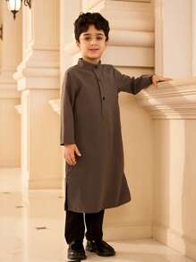 SHEIN 2pcs Young Boy Set: Solid Color Button Half Placket Long Sleeve Top And Pants