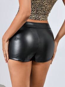 Roylia Women's Elegant Mini A-Line Bodycon PU Leather Skort - Black - View 2