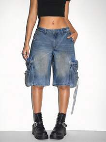 SHEIN ICON Shorts di jeans bermuda morbidi e casual da donna con tasche - Blu - Visualizzare 1