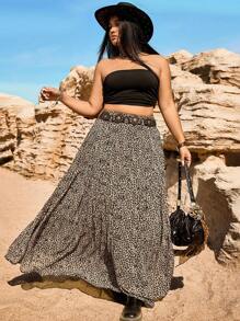 SHEIN EZwear Plus Size Retro Bohemian Leopard Print Chiffon High Waist Skirt - Brown - View 5