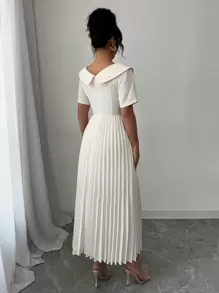 Elenzga 女士优雅通勤短袖领口荷叶边下摆口袋装饰纯色连衣裙