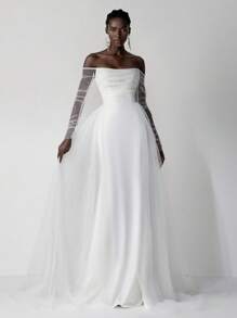 Elitara Elegant Luxurious Bubble Bead Design Long Sleeve Jacket With Detachable Mesh, Ruffled Mermaid Maxi Draped Train Wedding Dress, Suitable For Wedding, Party, Prom, Honeymoon,Bride