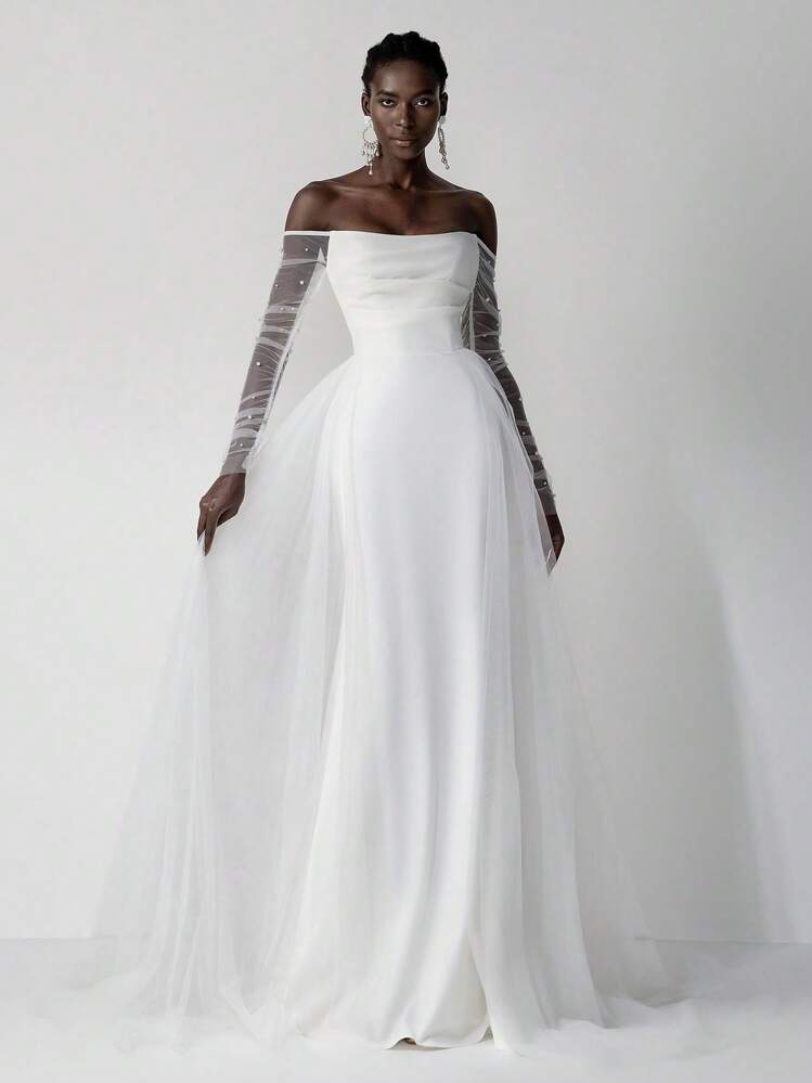 Elitara Elegant Luxurious Bubble Bead Design Long Sleeve Jacket With Detachable Mesh, Ruffled Mermaid Maxi Draped Train Wedding Dress, Suitable For Wedding, Party, Prom, Honeymoon,Bride - Beige - View 2