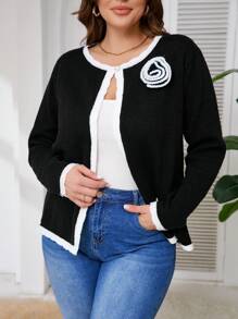 SHEIN Frenchy Plus Size Women 3D Flower Decor Long Sleeve Cardigan, Autumn/Winter Fall/Winter - Black - View 1
