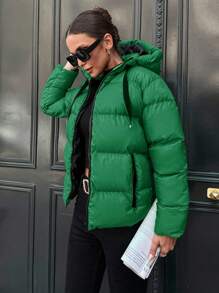RueChic Zip Up Drawstring Hooded Puffer Coat - Green - View 1