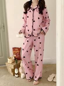 SHEIN 2 pièces Ensemble de pyjama de détente et confortable, Top à manches longues à ouverture avant avec imprimé cœur minimaliste et doux, et pantalon droit pour adolescentes