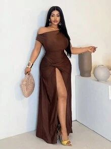 Maweii Women Plus Size Asymmetrical Twist Thigh High Slit Dress, Graduation Dress - Brown - View 6
