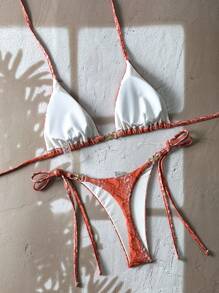 Swim Vcay 2pcs/Set Spring Break 2025 Print Random Halter Triangle Top And Side Tie Bottom Bikini Swimwear For Women Summer Beach