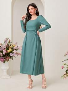 Modelyn Robe élégante à manches longues pour femmes avec col carré et taille cintrée, style vintage - Vert menthe - Voir 4