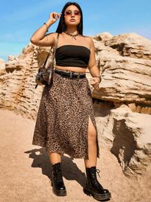CovetEZ Plus Size Vintage Leopard Print A-Line Slit Skirt - Brown - View 5