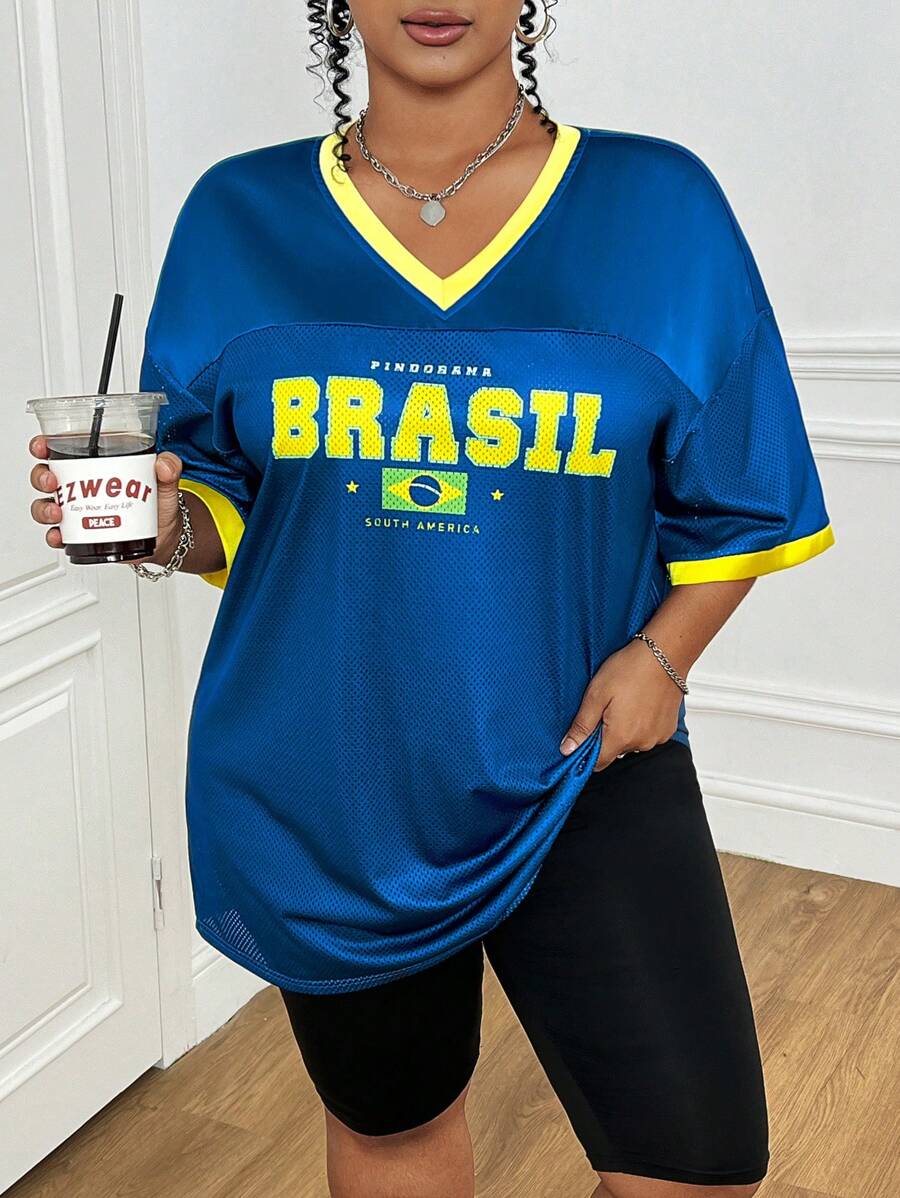 SHEIN EZwear Plus Size Summer Jersey Top, Loose Fit Sports Colorblock Letter Print T-Shirt