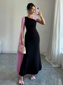 Elenzga Vestido elegante y de moda para mujer con cintura ceñida, asimétrico y de contraste de color en gasa, con capa en los hombros, ideal para fiestas y días festivos - Negro - Ver 4