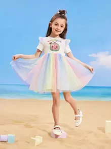 CoComelon X SHEIN 年轻女孩西瓜卡通印花彩色网眼甜美可爱公主短袖连衣裙 - 彩色 - 查看 2