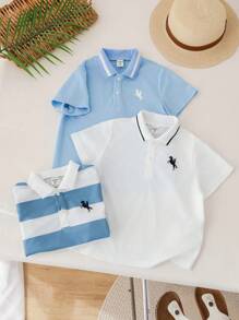 SHEIN 3pcs/Set Young Boy Casual Sports College Print Short Sleeve Polo Top, Suitable For Young Boy Clothes, Back To School, Daily Wear, Sports, Spring/Summer