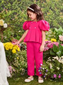 2 Pieces Set: Woven Solid Square Neck Puff Sleeve Blouse + Fitted Woven Long Pants, For Young Girl