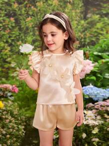 Conjunto de 2 piezas para niña: Top sin mangas de cuello redondo de tejido sólido y pantalones cortos ajustados de tejido - Albaricoque - Ver 3