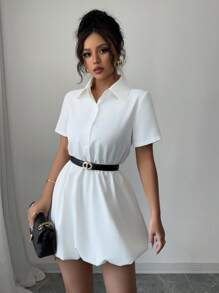 Elenzga Women Solid Color Short Sleeve Casual Shirt Dress, Mini Length - White - View 5