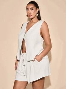 SHEIN BAE Conjunto de dos piezas de chaleco de lino y pantalones cortos de pierna ancha talla grande para mujer, atuendos de primavera para mujer, atuendos de verano/verano para mujer, atuendos de festival/concierto para mujer/atuendos de rave, atuendos de vacaciones de primavera, vestidos de Pascua para mujer, atuendos de concierto para mujer, combinación elegante, atuendos para salir, talla grande de verano