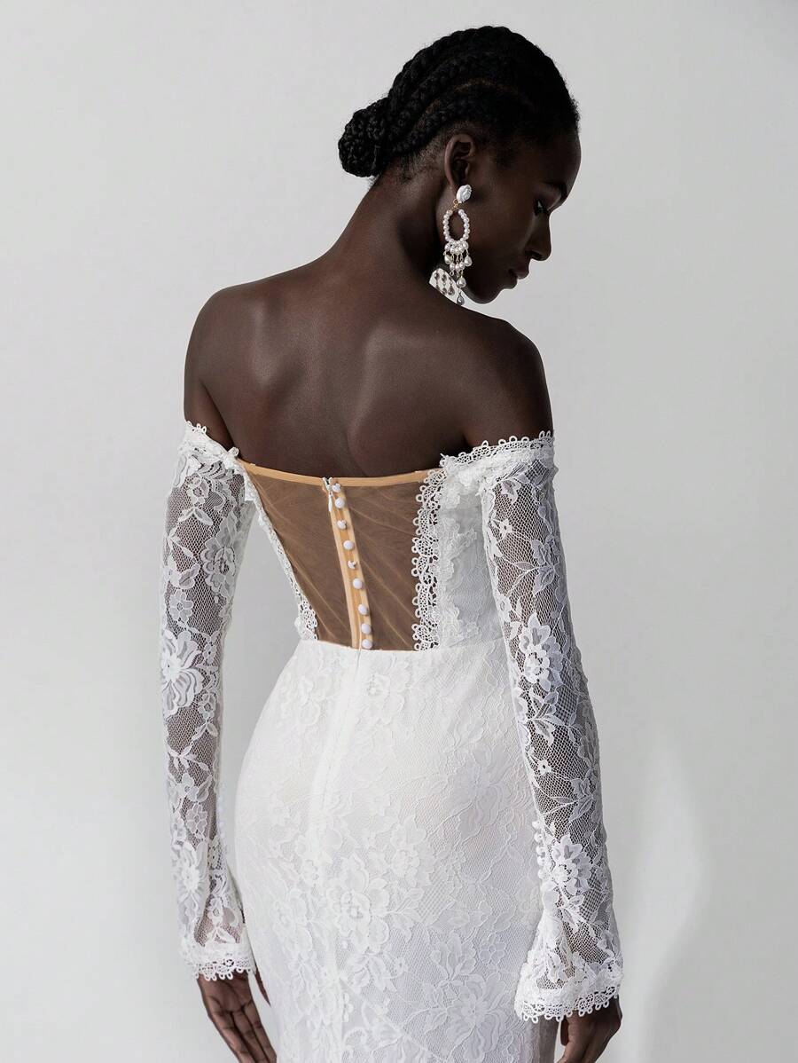 Elitara 优雅华丽露肩透视长袖花卉蕾丝美人鱼紧身长裙，带拖尾，适合婚礼、派对、节日、舞会、婚纱、新娘 - 米色 - 查看 1