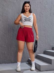 Solflare 大码弹力针织休闲短裤，简约风格，适合日常穿着 - 酒紅色 - 查看 4