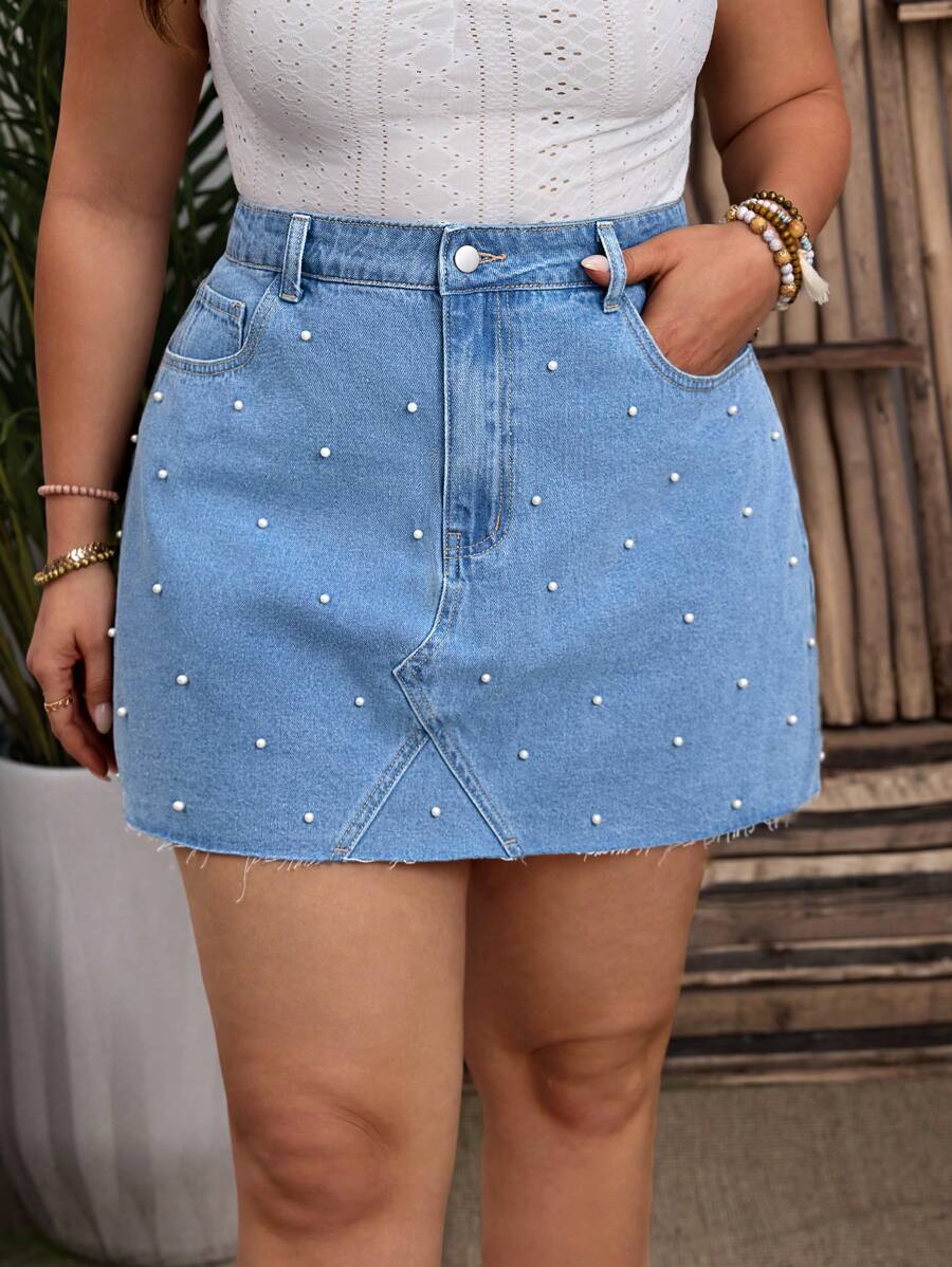SHEIN Clasi 大码女式珍珠装饰流苏口袋牛仔迷你裙 - 淺藍色 - 查看 1